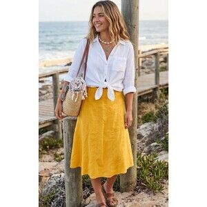 Lino USA 100% Linen A-Line Midi Skirt Mustard Yellow 3X Plus Resort Casual Boho